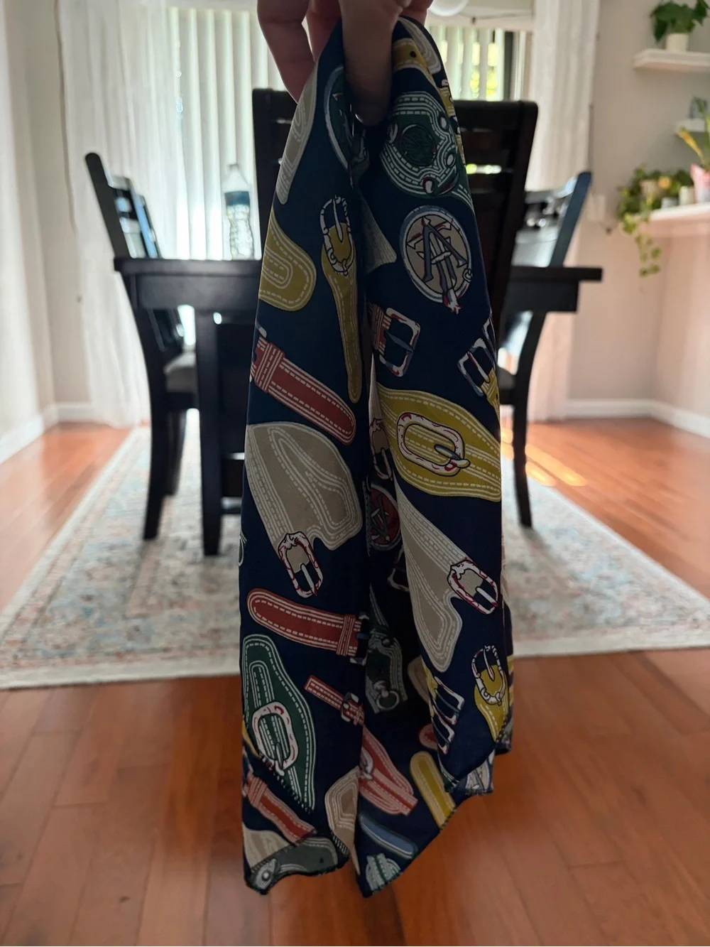 Navy Silk Scarf with Colorful Belt & Watch Motif